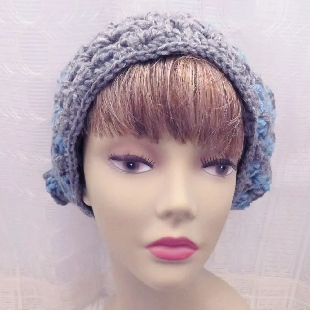 Handmade Crocheted Gray and Blue Bandana, Boho Style Head Covering, Cottage Core